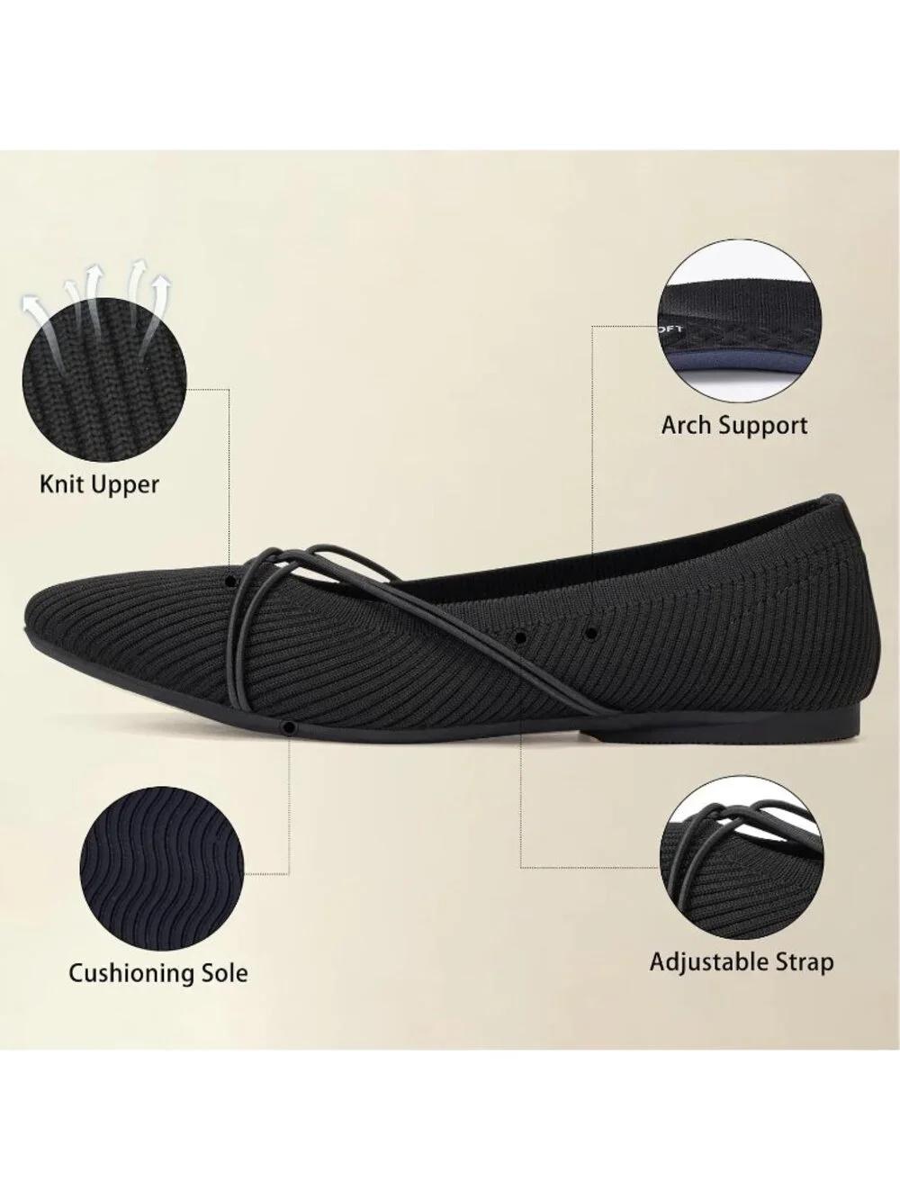 Women's Black Square Toe Flats Comfortable Knit Ballet Flats with Cross Strap